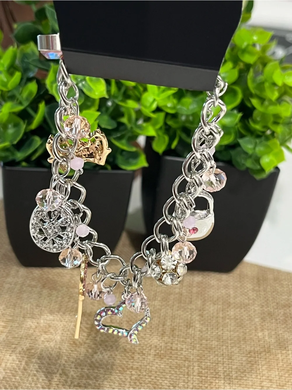 Paparazzi Silver and Pink Crystal Charm Bracelet